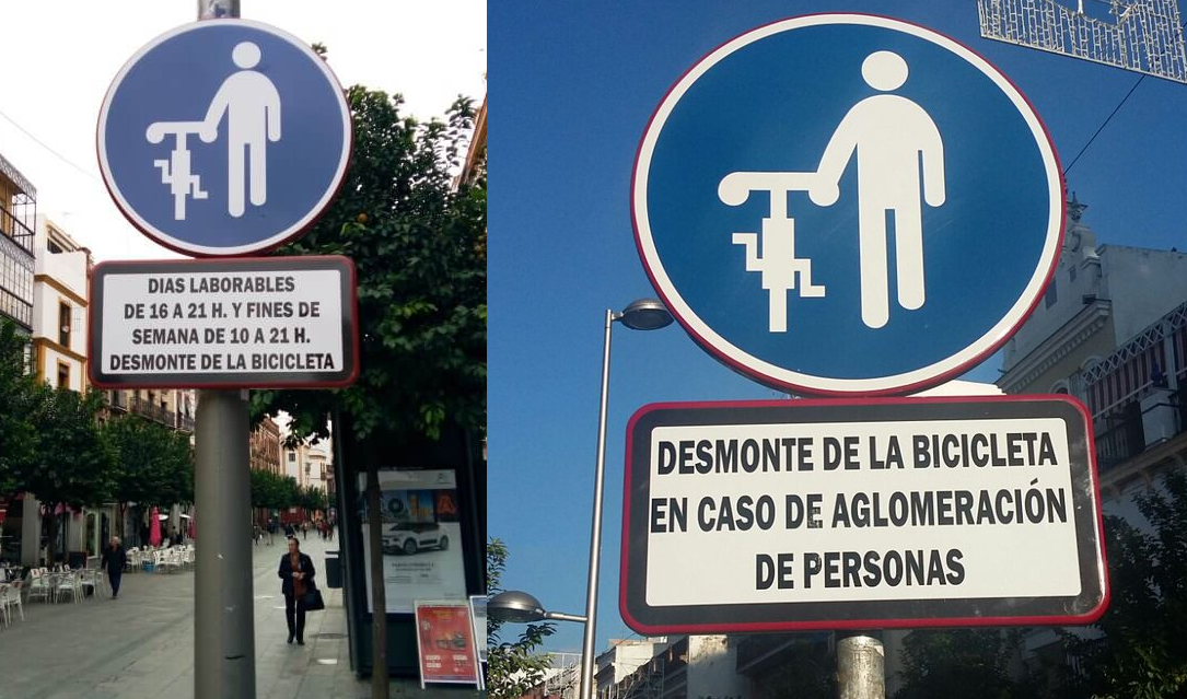 El antes (derecha) y el después (izquierda) de la señalización de San Jacinto. Fotos de @SevillaEnBici y @SevillaActual en twitter)